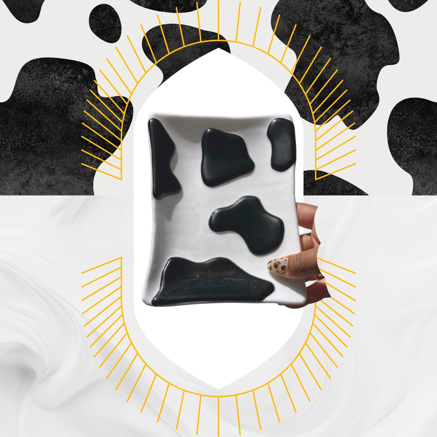 Black & White Wide Rectangle Cow Dish