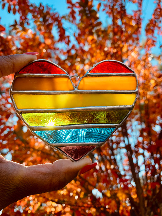 Love is Love Heart Suncatcher, Rainbow Stained Glass Heart